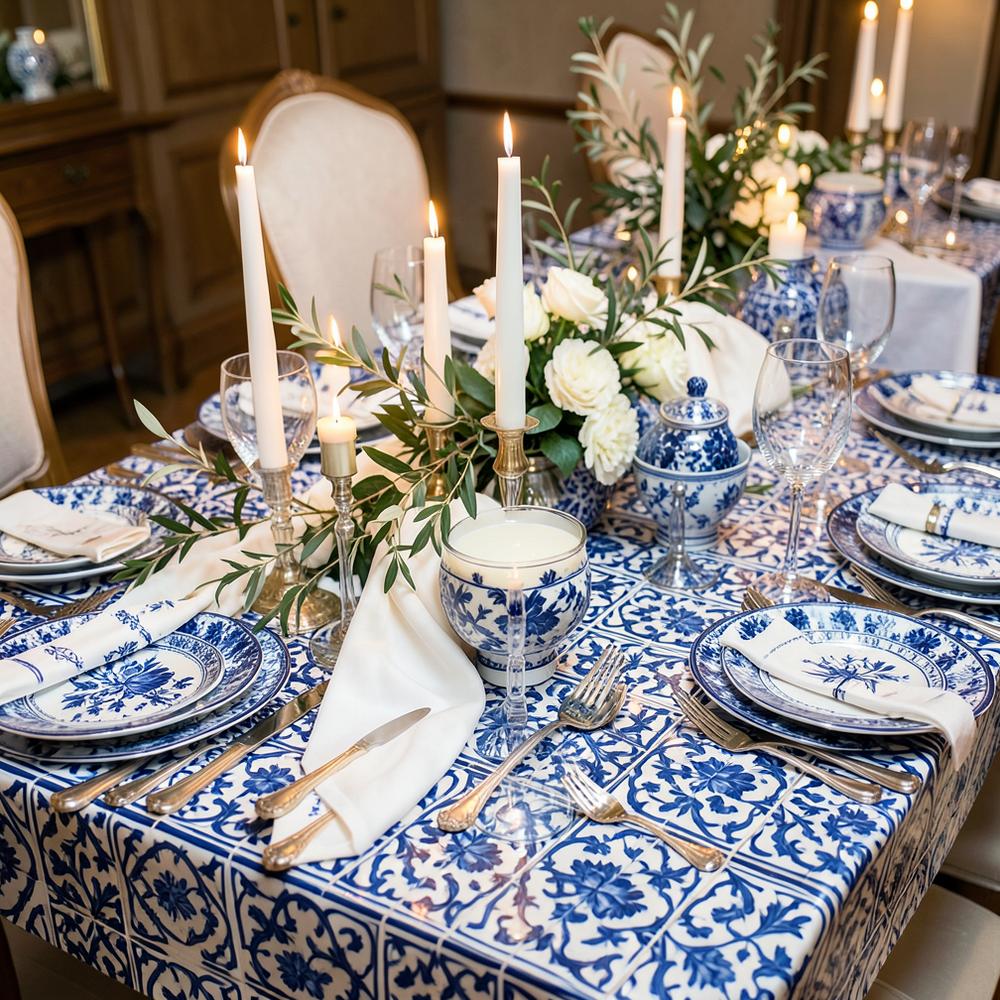 Greek table styling with blue floral tiles